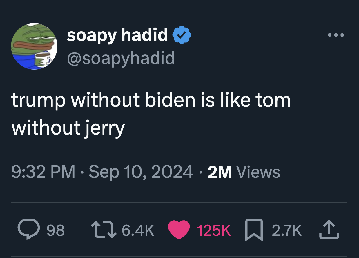 screenshot - soapy hadid trump without biden is tom without jerry 2M Views 98 tz 1